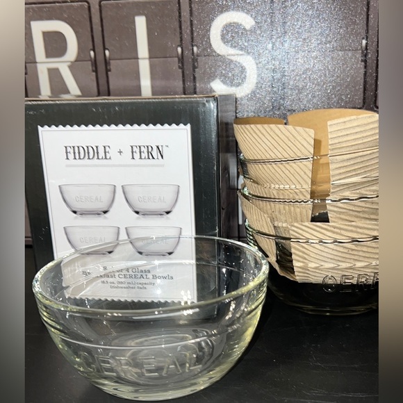 New Fiddle + Fern Set of 4 Clear Glass Breakfast “CEREAL” Bowls (Grey Box B) - Picture 7 of 7